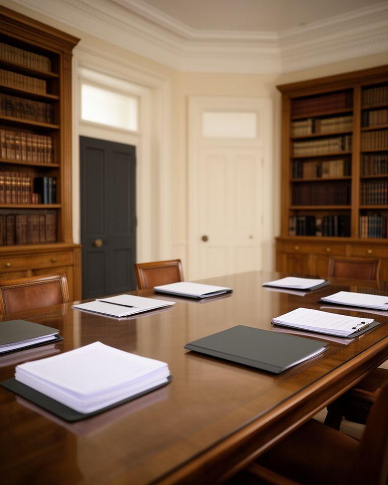 Traditional legal meeting room in London with bookshelves, a polished table and contract folders ready for review