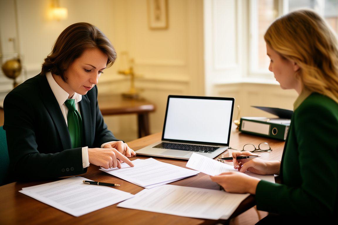Solicitor and client reviewing an agreement in a calm London meeting room with printed contract pages and a laptop open on the table