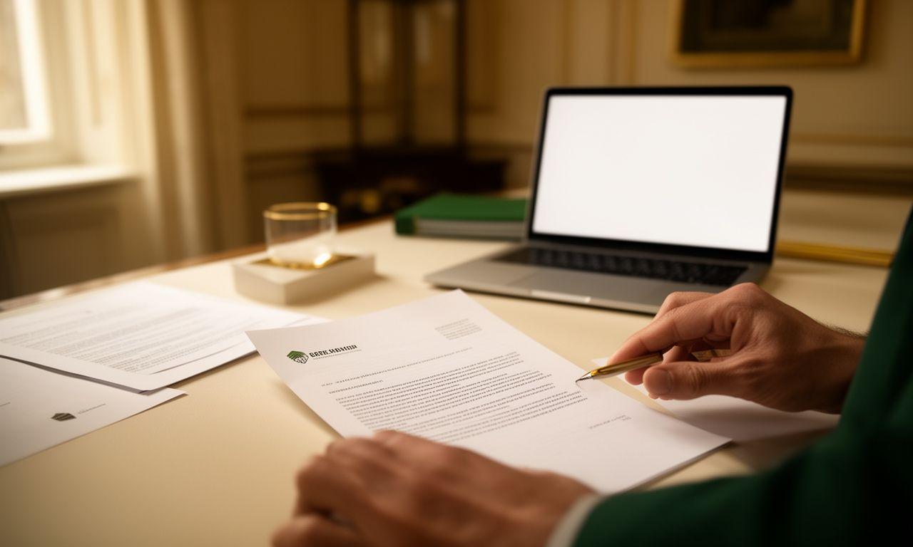 Legal consultant reviewing a contract at a quiet London office desk beside neatly arranged notes and a laptop