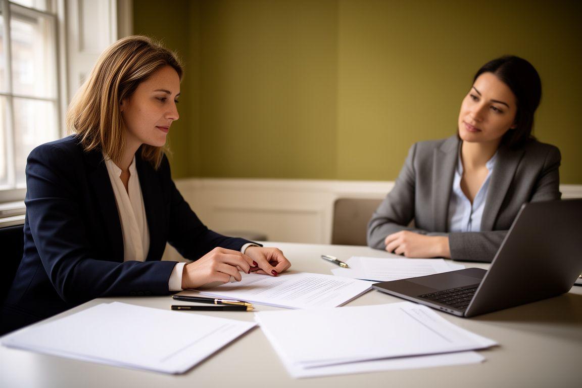 Legal adviser reviewing a contract with a client in a calm London meeting room