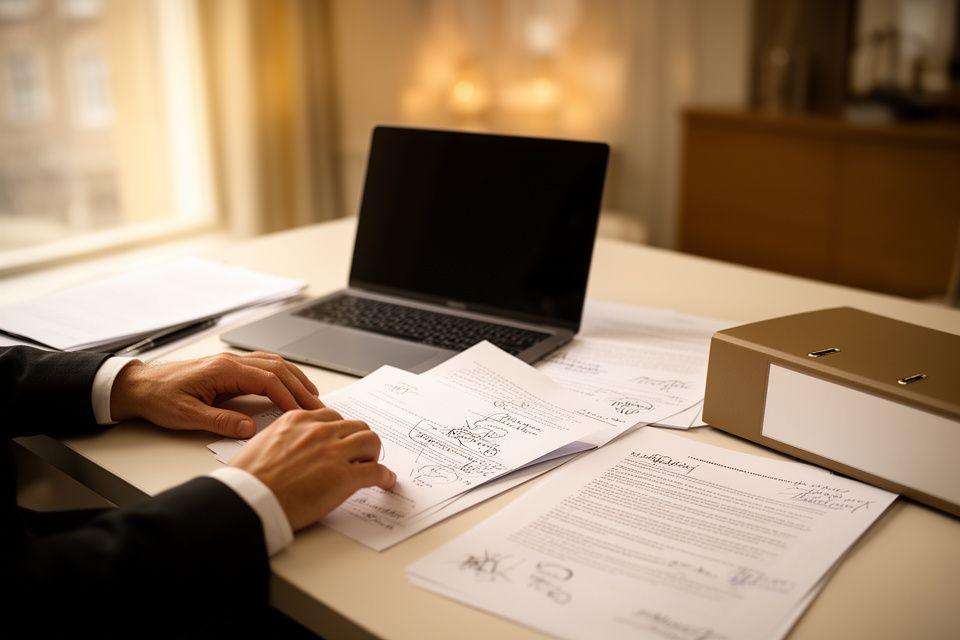 Legal professional reviewing a contract at a desk with annotated pages and a laptop in a calm London office