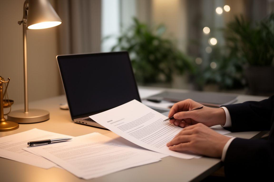 Legal professional reviewing a contract in a calm London office with annotated pages and a laptop open beside a desk lamp