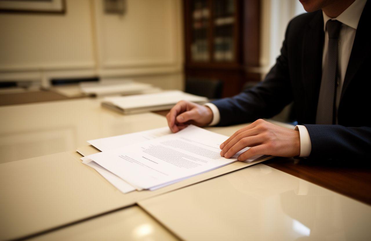 Solicitor reviewing a contract at a polished meeting table in a London office