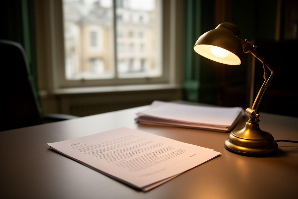 Legal professional reviewing a contract file beside a desk lamp in a calm London office